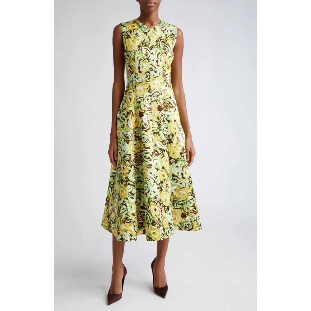 Emilia Wickstead Madi Womens Sleeveless Flotal Twill Midi Dress Green Lemon US 2